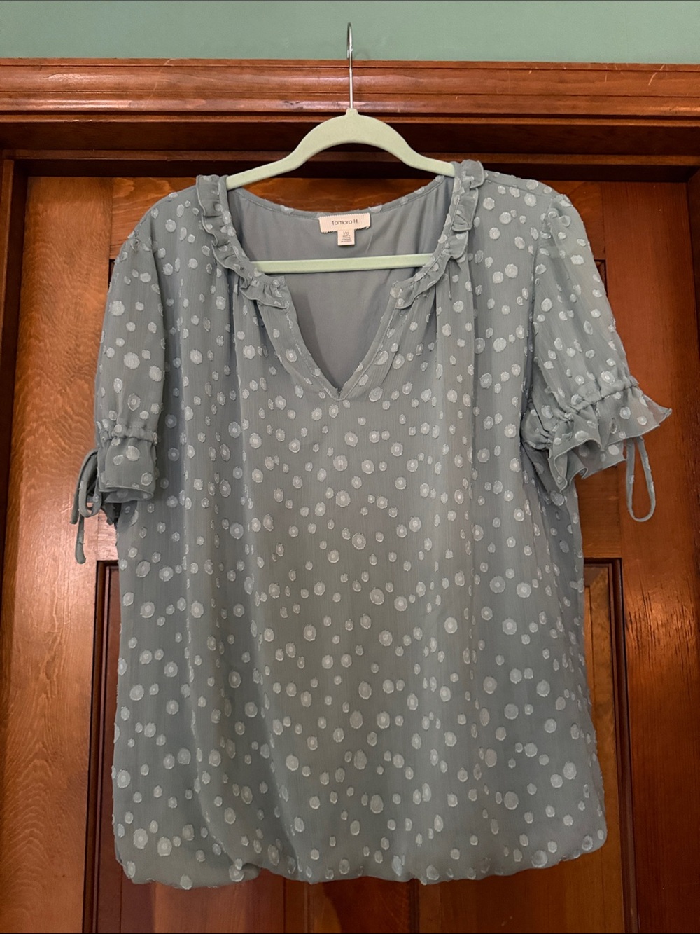 Light Sage Polka Dot Ruffle V-Neck Blouse